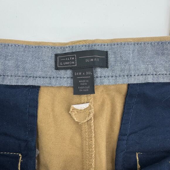 14th & Union Mens 34x30 Slim Fit Mid Rise Khaki Chino Pants Casual Flat Front - Picture 8 of 11